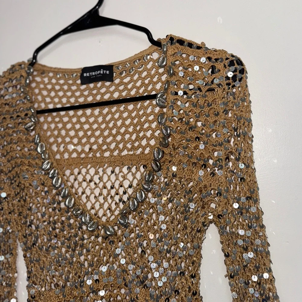 Retrofête Sequin Crochet Shell Embellished Dress Crochet Beach Dress bikinicover - Picture 5 of 9